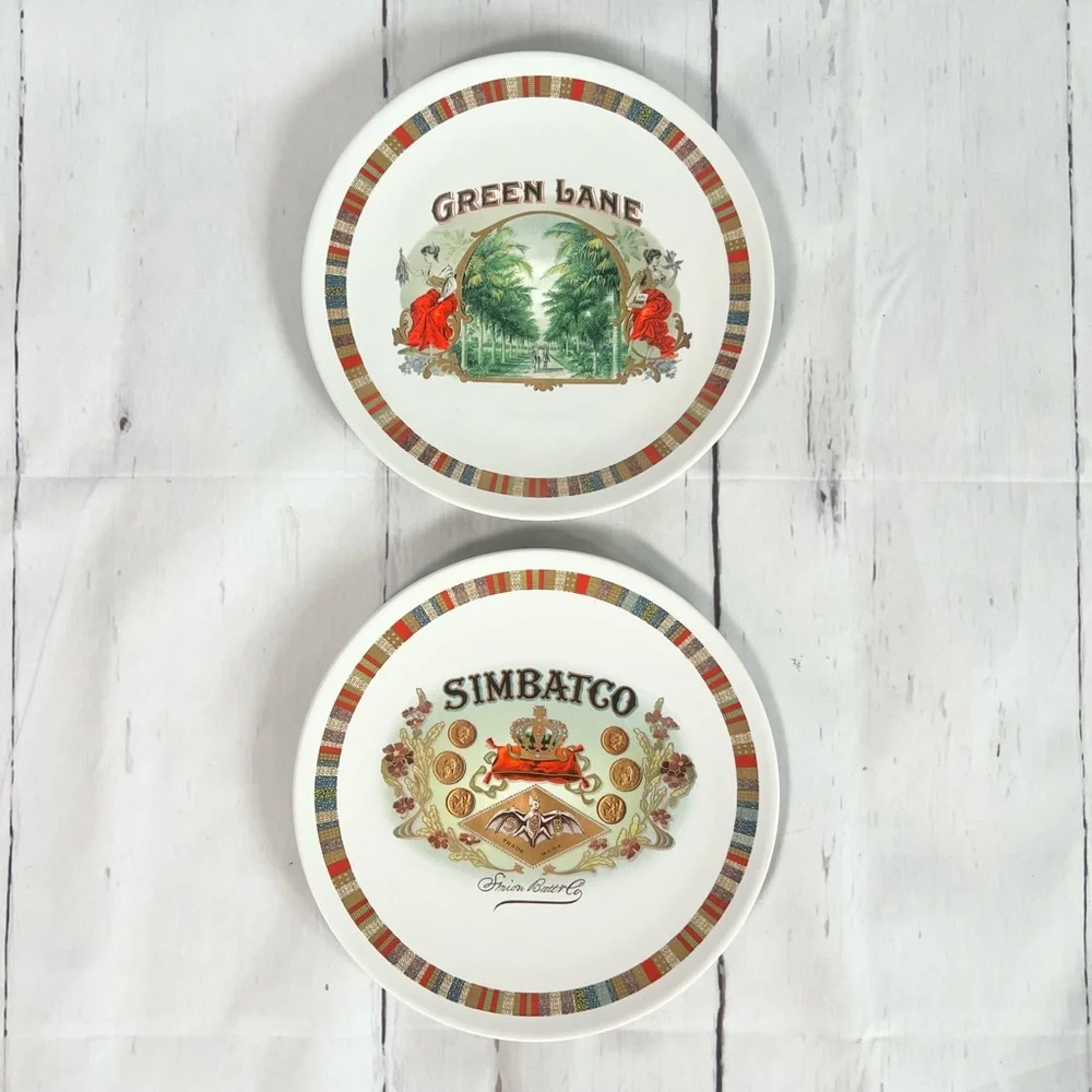 Pottery Barn Fireside Club Salad Plates - Simbatco & Green Lane Cigar Box Art
